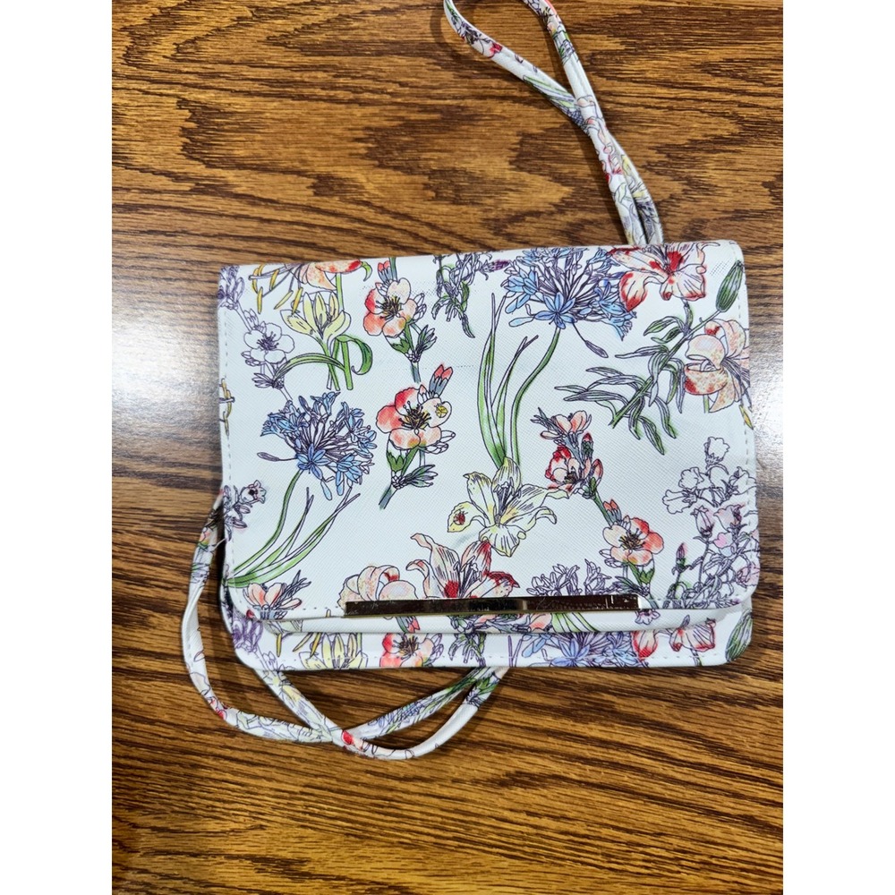 Floral Crossbody Wallet Bag White Botanical Print Faux Leather Small Travel
